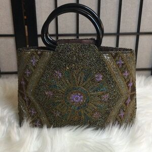 Beaded Handbag - Brown/Turquoise/Purple - Brown Satin Lining, silver Zipper